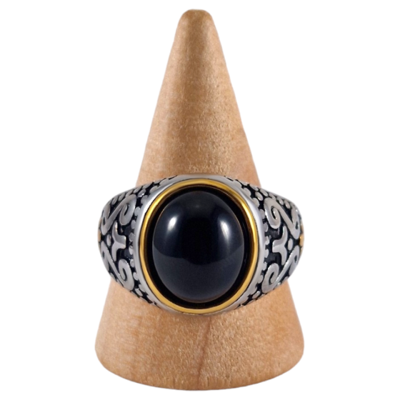 Bague chevalière acier Obsidienne 1