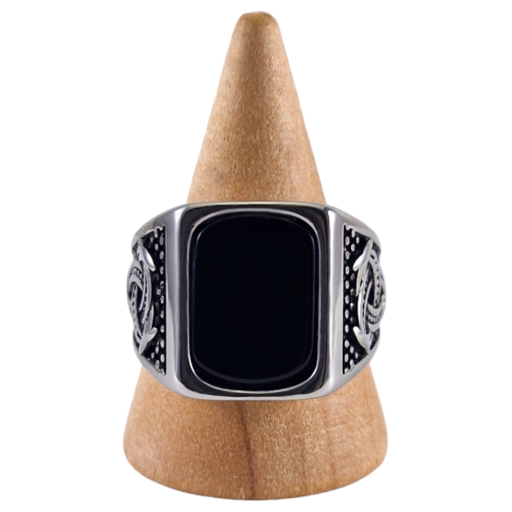 Bague chevalière acier Obsidienne 10
