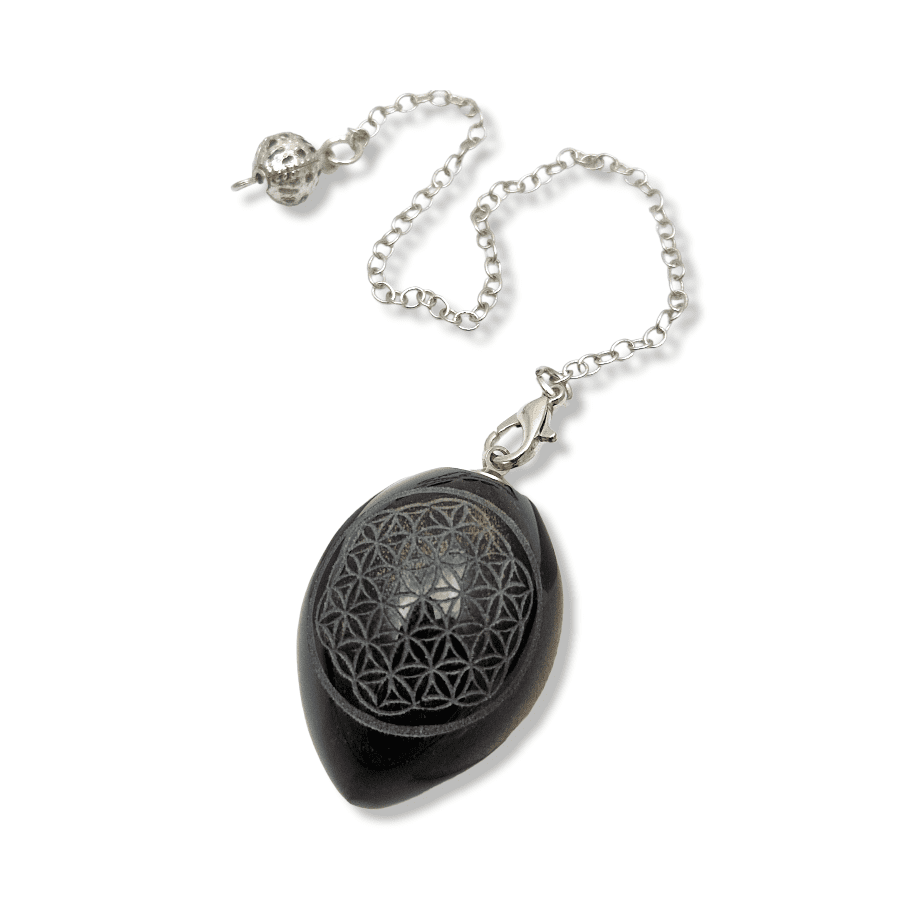 Pendule fleur de vie Œuf obsidienne dorée